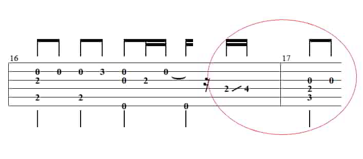 スライドした後に素早くコードCを押さえる部分のTAB譜