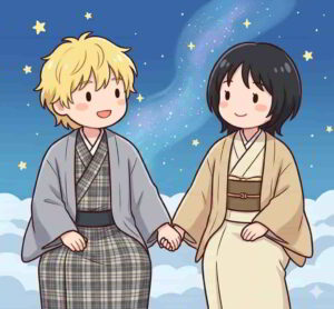 ねぐせ。のボーカルと汐れいらが彦星と織姫のコスプレをして手をつないでいるイラストのカバー画像