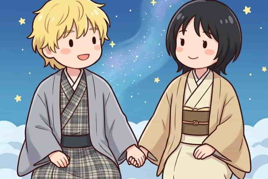 ねぐせ。のボーカルと汐れいらが彦星と織姫のコスプレをして手をつないでいるイラストのカバー画像