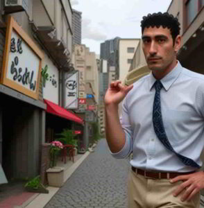 飲食店が立ち並ぶ街並みの中で、肩にジャケットをかけた男性が立つ様子を写したイメージ写真