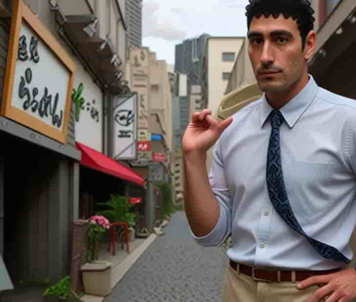 飲食店が立ち並ぶ街並みの中で、肩にジャケットをかけた男性が立つ様子を写したイメージ写真