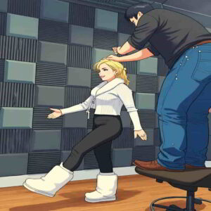 『Not Cute Anymore』の楽曲に合わせて、フードつかみチャレンジを撮影するカップルのイラスト